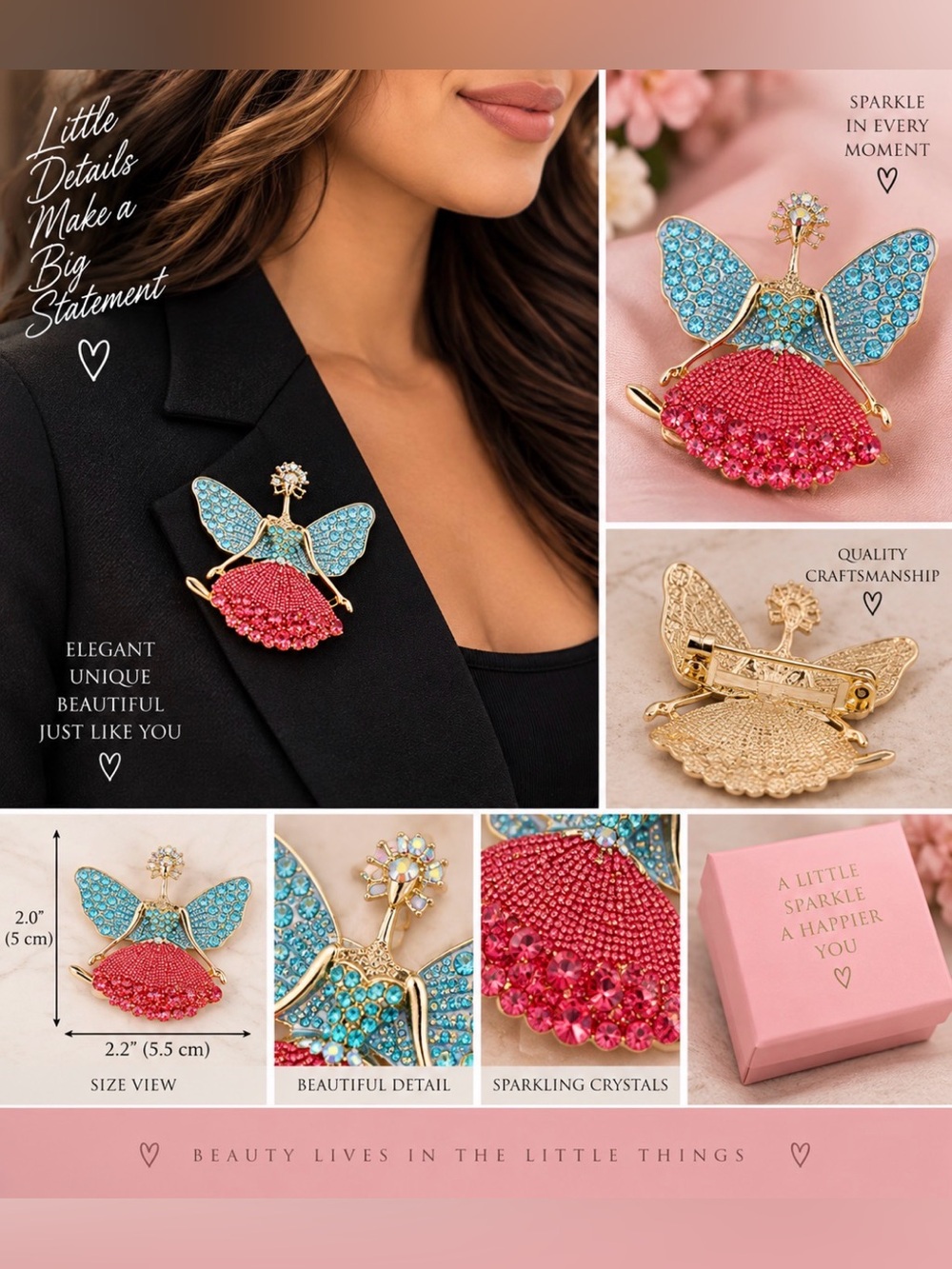 Crystal Fairy Brooch Pin - Pink & Blue Sparkle